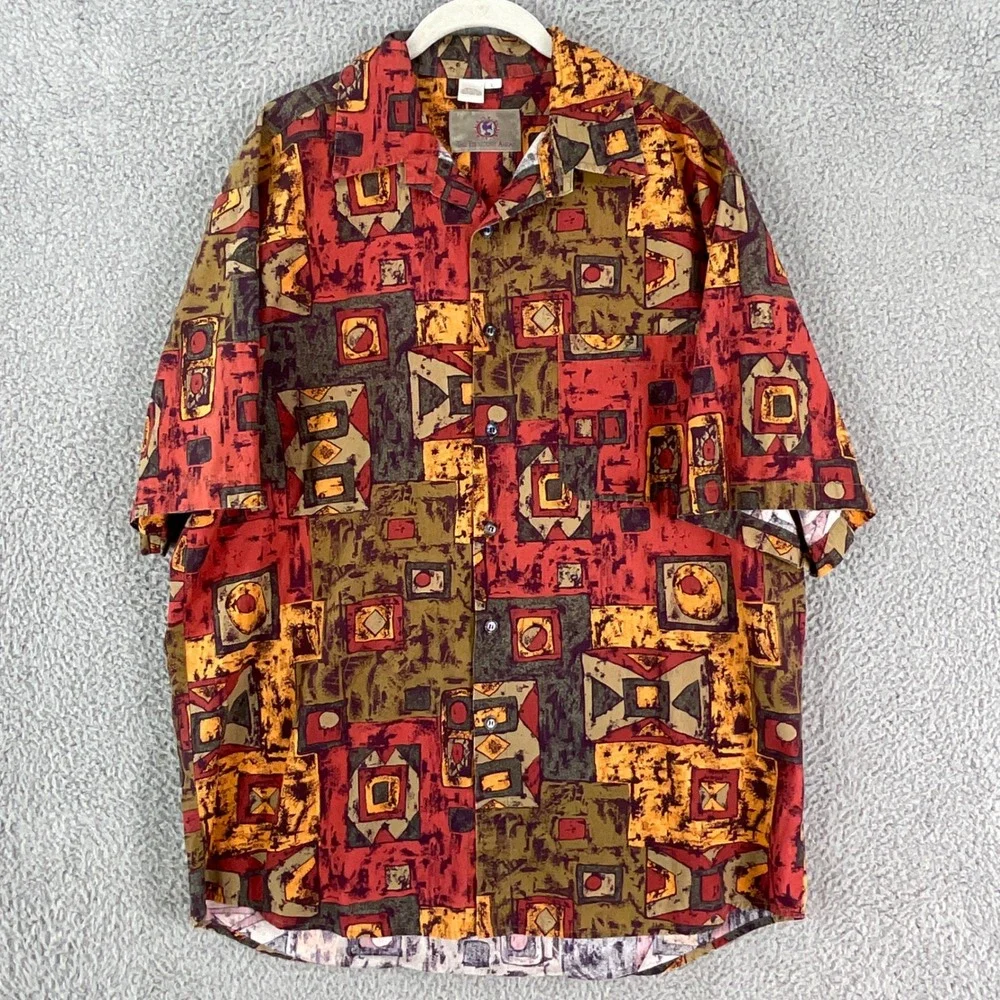 The Territory Ahead Shirt Mens L Red Geometric Abstract Cotton Boho Vintage 90's